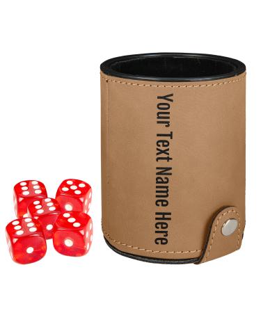 Leatherette Personalized Set of Dice Cup with Storage Compartment Customized PU Leather Dice Cup with 5 Red Dice Custom Gift (Light Brown)