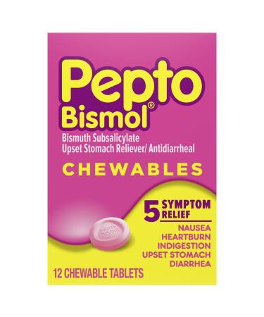 Pepto Bismol Chewable Tablets for Nausea Heartburn Indigestion Upset Stomach and Diarrhea - 5 Symptom Fast Relief Original Flavor 12 ct