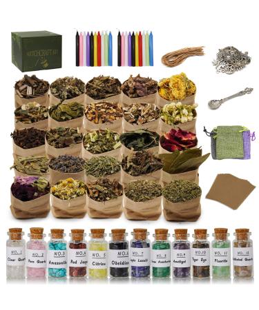 Wiccan Gifts Set for Beginners Women Witchy Valentines Gift Crystals for Witchcraft Supplies Box for Spells Candle for Witches Supplies and Tools Kit with 25 Packs of Herbs and 12 Bottles Crystal Set