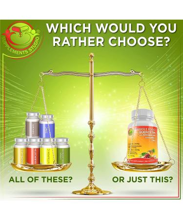 Quercetin 500mg with Bromelain, Zinc, Vitamin C - Immune Support Supplement with Organic Wholefoods Blend - 3 Month Supply 180ct - Buy Online on GoSupps.com