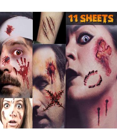 Zombie Makeup Halloween Makeup Tattoos - 11 Sheets Fake Blood Fake Scar Tattoos Halloween Makeup Kit Zombie Makeup Kit for Kids and Adults  Scary Wound Stitches Vampire Makeup Fake Cuts Zombie Tattoos Halloween Zombie Ma...