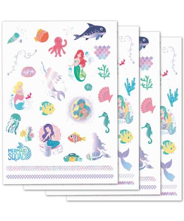 PapaKit Under the Sea Mermaids Temporary Fake Tattoo Set  4 Sheets 54 Styles with Metallic Iridescent Foil| Kids Girls & Boys Birthday Party Favor Gift Supply  Non-Toxic Food Grade Ingredients Safe Removable 4 Sheets Und...
