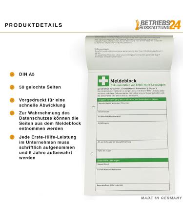 Betriebsausstattung24 First Aid Reporting Pad | DIN A5 | 50 Sheets | DGUV Compliant | Pack of 10 | Ideal Alternative to First Aid Book - Buy Online on GoSupps.com
