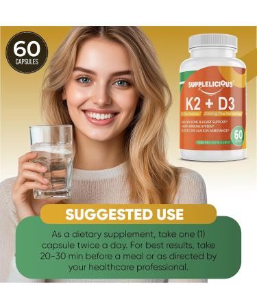 Supplelicious K2 + D3 with Calcium Bone & Heart Health Supplement Immune Support 200mg per Serving 60 Capsules Non-GMO Gluten-Free Made in USA - Buy Online on GoSupps.com