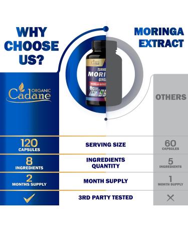 Cadane Moringa Capsules with Turmeric Boswellia Quercetin Ceylon Cinnamon Holy Basil Ginger and Black Pepper - 8in1 Supplements - 120 Veggie Caps for 2 Months Supply - Buy Online on GoSupps.com