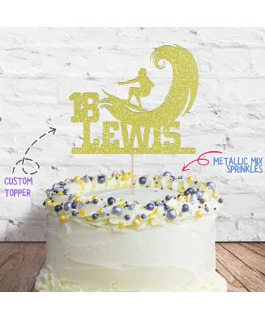 Cakeshop Cake Decoration Pack | Surfer Surfing Theme Premium Double Sided Glitter Card Cake Topper & 25g Party Pack of Cake Sugar Sprinkles | Custom Name & Age Cake Decorations (Champagne) Non-Prime Glitter Card: Champagne - Buy Online on GoSupps.com