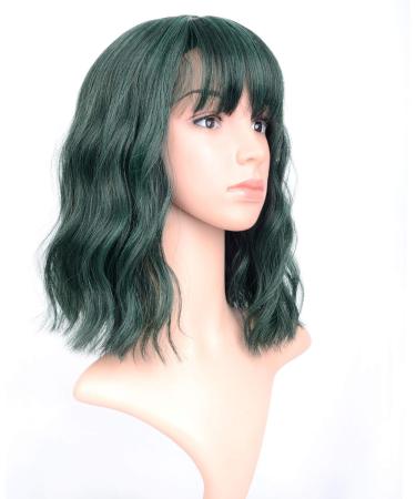Faelbaty Short Bob Green Wavy Wig with Air Bangs for Women - Synthetic Cosplay Wig in Dark Green - Shoulder Length Curly Wavy Bob Wig for Girls - Buy Online on GoSupps.com