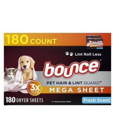 Bounce Pet Hair and Lint Guard Mega Fabric Softener Dryer Sheets with 3X Pet Hair Fighters, Fresh Scent, 180 Count