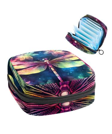 Anna Cowper Neon Dragonfly Insect Sanitary Napkin Storage Bag Feminine Menstrual Cup Pouches Nursing Pad Holder Tampon Bags Portable Period Bag for Women Teen Girls 1Pcs Multi-colored 7