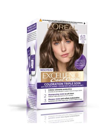 L OR AL PARIS - Triple Care Permanent Hair Color - Anti-Yellow Highlights - Covers 100% of White Hair - Excellence Cool Cr me - Shade: Ultra Ash Dark Blonde (6.11)