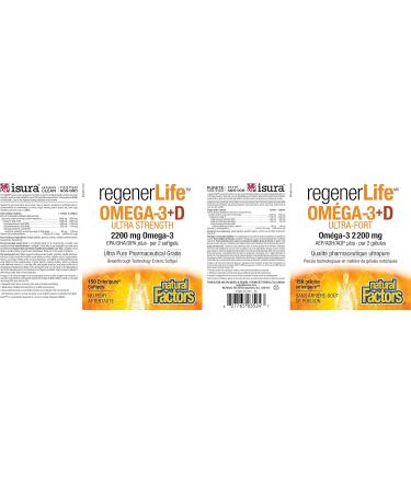 Natural Factors Regenerlife Omega-3+D Ultra Strength 150 Enteripure Softgels 2200 mg of Omega-3 plus 1000 mg Vitamin D per 2 softgels High-potency Supports Immune Cardio and Cognitive Health - Buy Online on GoSupps.com