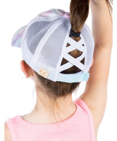 Funky Junque Girl's Criss Cross Hat Messy Bun High Ponytail Kids Baseball Cap 1 Tie Dye - Cotton Candy
