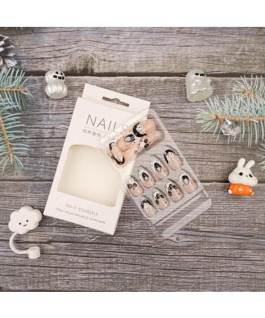 Short Glossy Press on Nails - Halloween Ghost & Virus Designs - 24Pcs Almond Full Cover Fake Nails for Women & Girls - Buy Online on GoSupps.com