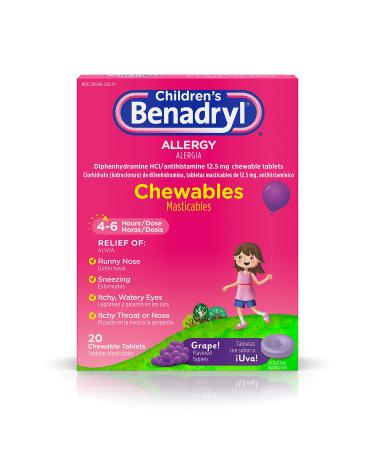 Children's Benadryl Allergy Chewables with Diphenhydramine HCl, Antihistamine Chewable Tablets for Relief of Allergy Symptoms Like Sneezing, Itchy Eyes, & More, Grape Flavor 20 Count (Pack of 1)