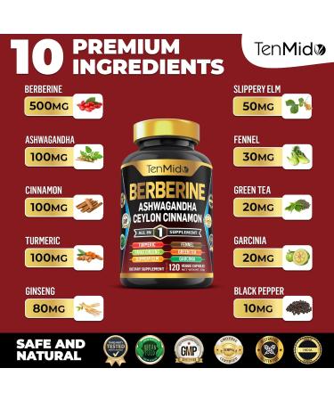 Tenmido Berberine Supplement - 10in1 Formula with Ashwagandha Ceylon Cinnamon Turmeric Panax Ginseng Slippery Elm Fennel Green Tea & More - Immune Digestive Support - 120 Caps - Buy Online on GoSupps.com