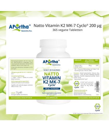 Aportha Vitamin K2 MK7 200 g - High-Dose Vegan Supplement | 365 Easy-to-Swallow Natto Tablets for Optimal Health - Buy Online on GoSupps.com