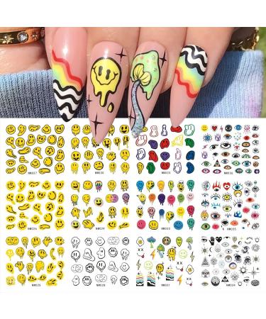 12 Sheets Abstract Smiling Face Evil Eye Nail Art Stickers Water Transfer Nail Decals 3D DIY Nail Designs Nail Decorations for Women,Kids