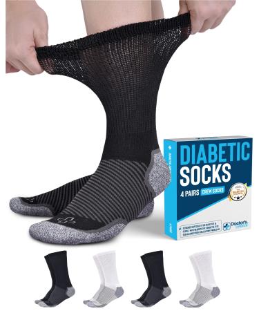 Doctor's Select Diabetic Socks for Men and Women - 4 Pairs Neuropathy Socks | Socks for Diabetics Men | Mens Diabetic Socks Medium Grey Heel/Toe 2 Black / 2 White