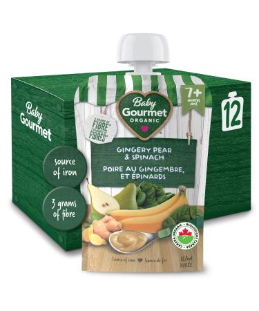 Baby Gourmet Organic Fruit & Veggie PLUS Puree Baby Food Pouches Gingery Pear Spinach & Whole Grains - No Added Sugar or Salt Non GMO No Fillers Gluten Free Peanut Free - (128ml) 12 Pouches Peanut NO
