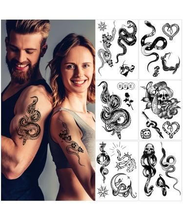 Snake Temporary Tattoo for Men Arm 6 Sheets Arms Fake Temporary Tattoos for Women Men Adults Tribal Serpent Mamba Black Roses Spider Web Sword Sexy Tattoo Stickers Party Favors Body Art Decoration Halloween