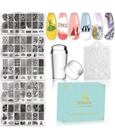 Biutee 5PCS Nail Stamping Plates with Nail Art Stamper Scraper Gift Box Nail Stamp Template Kit Lace Flower Butterfly Nail Stamper Stencil Plates Nail Stamp Plate Kit Nail Image Plate 8 Piece Set
