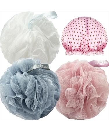 Bath Sponge Shower Loofahs: 3PCS Extra Large Bath Pouf Body Scrubber - Shower Loofah Pack for Women Body Wash & Exfoliating 1PCS Reusable Waterproof Shower Cap.