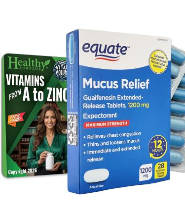 Healthy Surplus Equate Mucus Relief - Guaifensesin Extended-Release - 28 Tablets 1200 mg Expectorant and Vital Volumes Tips Card Bundle - Buy Online on GoSupps.com