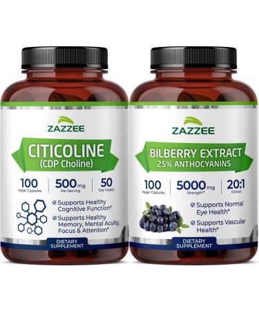 Zazzee Cognitive Brain Health & Vision Support Bundle | Extra Strength Bilberry 20:1 Extract & CDP Choline Capsules | Non-GMO Vegan & ISO Lab Tested