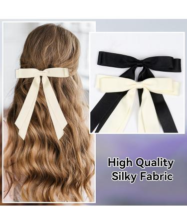 2 Pack Hair Bows for Women Bow Hair Clips French Barrette with Long Silky Satin Hair Ribbons for Women Girls(Black Beige) Beige Black - Buy Online on GoSupps.com