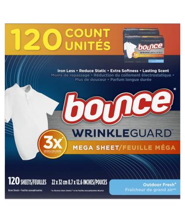 Bounce WrinkleGuard Mega Dryer Sheets Laundry Fabric Softener and Wrinkle Releaser Sheets, Outdoor Fresh Scent, 120 count