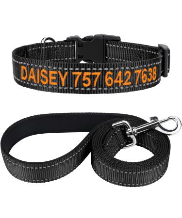 Tagme dog collar and leash personalized reflective dog collar with 1.5m double -sided reflective dog leash for medium -sized black M (1 -pack) black set