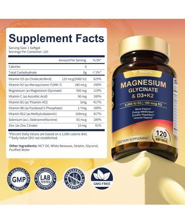 9-in-1 Magnesium Glycinate 500mg + Vitamin D3 5000 IU & K2 Complex - High Absorption - Healthy Stress Sleep Muscle Function Bone Health & Energy Supports | Non-GMO Gluten-Free 120 Softgels 120 Count (Pack of 1) - Buy Online on GoSupps.com