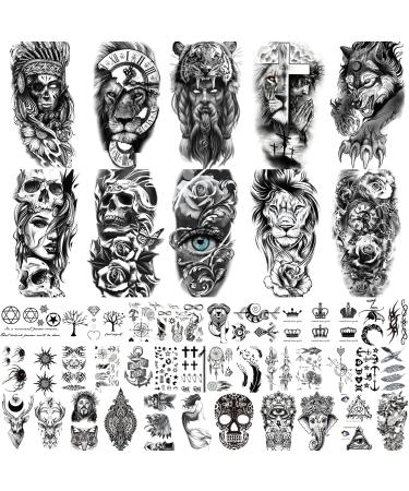 BUXIUGAN Temporary Tattoos 50 Sheets fake tattoos for Men Women Adults 10 Large 3D Realistic Half Sleeve Temporary Tattoos 40 Tiny Prisoner Tattoos With Skull Skeleton Animals Faux Tattoos Stickers (A)