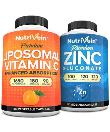 Nutrivein Premium Liposomal Vitamin C Capsules & Zinc Gluconate Supplements Bundle: High Absorption Zinc Gluconate + Liposomal Vitamin C Supplement Pair for Whole-Body Wellness, Defenses, & Vitality