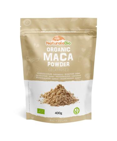 Organic Maca Powder 400g. Peruvian Natural and Pure from Organic Maca Root. Vegetarian and Vegan Friendly - Gelatinised - NaturaleBio 400 g (Pack of 1)