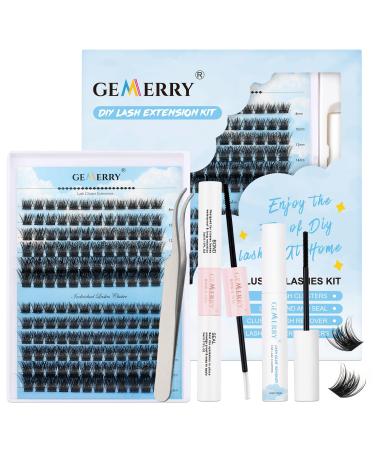 Eyelash Extension Kit 144Pcs Cluster Lashes D Curl 8-16mm DIY Individual Eyelash Kit with Lash Bond and Seal and Lash Glue Remover and Lash Tweezers GEMERRY Individual Lashes Apply at Home B-KIT B02-D