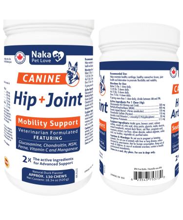 Naka Pet Love Canine Hip + Joint Mobility Support Veterinarian Formulated 2X The Active Ingredients for Advance Support Natural Duck Flavour (Approx 130 Chews - 520g)
