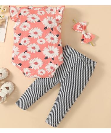 Koonde Baby Girl Clothes Set | 3-piece Outfit (Romper, Trouser & Headband) | Newborn to 24 Months | 3-6 Months | Peach + Blue - Buy Online on GoSupps.com