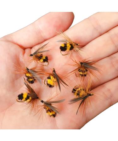 Premium Hand-Tied Fake Bees| Wet Dry Fly Fishing Flies Nymph for Trout Bass Panfish |Lure Box Included Gifts for Men 12 pcs Classic Honey Bee(10#hook)