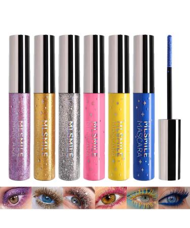 Sitovely 6PCS Glitter Colored Mascara for Eyelashes Waterproof Mascara Sparkling Diamond Lengthening and Curling Mascara/Blue/Purple/Yellow/Silver/Red