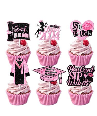 18pcs Pink Glitter Dessert Cupcake Topper Congrats Class of 2024 Theme Decorations Girls College Graduation Party Decor Supplies