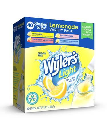 Wyler's Light Singles to Go Powder Packets, Water Drink Mix, Variety Pack, Pink, Strawberry & Blueberry Lemonade, Sugar & Caffeine Free, On-The-Go, 40 Count Lemonade Variety Pack 1 Count (Pack of 40)