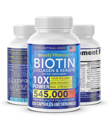 Biotin Collagen Supplements with Keratin Peptides for Hair Growth - Maximum Strength 545000mcg Pills for Men & Women - Nail & Skin Vitamins - Buy Online on GoSupps.com