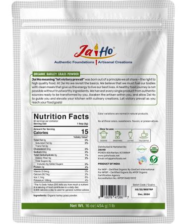 Jai Ho Organic Barley Grass Powder - 1 LB | Gluten Free, Vegan, Non-GMO | Resealable Pouch - Buy Online on GoSupps.com