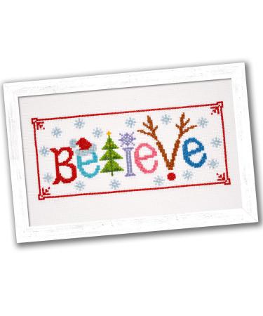 Counted Cross Stitch Kit 'Believe' - Embroidery Set for The Holidays, Encouragement, or Inspiring Everyday Possibilities with a Christmas Tree, Snowflake, Deer and Santa Hat