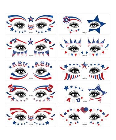 4th of July Temporary Tattoos 10 Sheets Independence Day Face Tattoos Red White Blue Flag Star Design for Memorial Day Labor Day Decoration Patriotic Party Supplies Body Face Tattoo Stickers