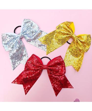 Glitter Sequin Cheer Bow Hair Ties - Christmas Sparkly Ponytail Holder for Girls, Women, Teens - Red Gold Silver Elastic Band Cheerleader Decor - Sports Party Favor Gift - Buy Online on GoSupps.com