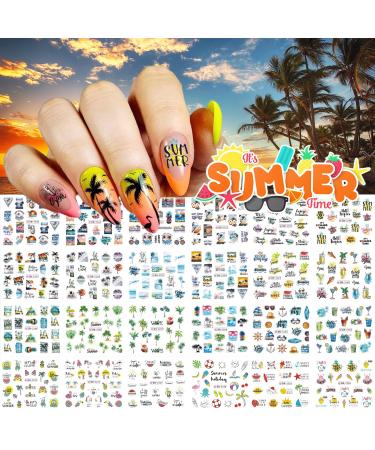 24 Sheets Summer Nail Art Stickers, Palm Tree Beach Water Transfer Nail Decals, 3D Anchor Design DIY Manicure Decorations for Women Girls Summer Palm Tree, 24 Sheets