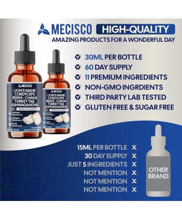 Mecisco 11in1 Mushroom Supplement Liquid Drops with Ashwagandha Lions Mane Turkey Tail Cordyceps Reishi Chaga Shitake Maitake Agaricus Oyster Mushrooms and Enoki Mushrooms - 1 FL Oz - 60 Day Supply - Buy Online on GoSupps.com