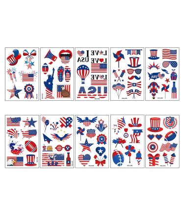 10 Sheets Independence Day Temporary Tattoo Stickers July 4th Body Art Tattoo Stickers for Men Women the USA National Strips and Stars Flags Celebration Water Transfer Fake Tattoos for Face Arm Cheek Back Shoulder